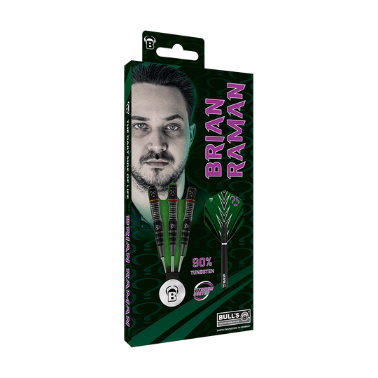 Bulls Brian Raman The Riddler Steeldarts Auf der Verpackung sind drei Steeldarts und das Porträt eines Mannes abgebildet. Der Name "Brian Raman" steht in großen Buchstaben daneben, und es wird 90% Tungsten hervorgehoben.