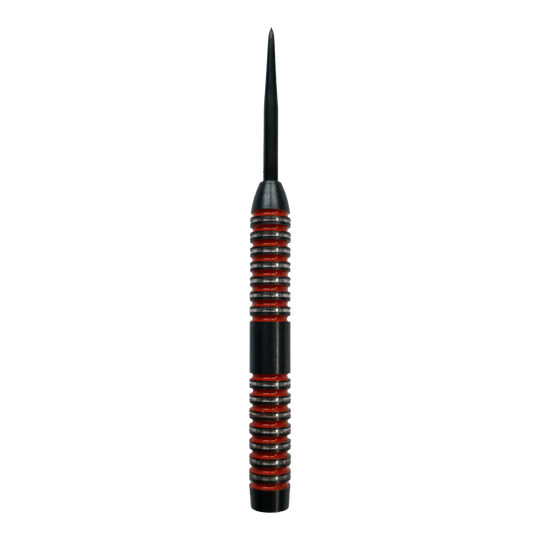 McDart Crimson Steeldart Barrels Das Bild zeigt einen McDart Crimson Steeldart Barrel mit schwarzem und rotem Design. Der Barrel hat eine gerillte Oberfläche für besseren Halt.