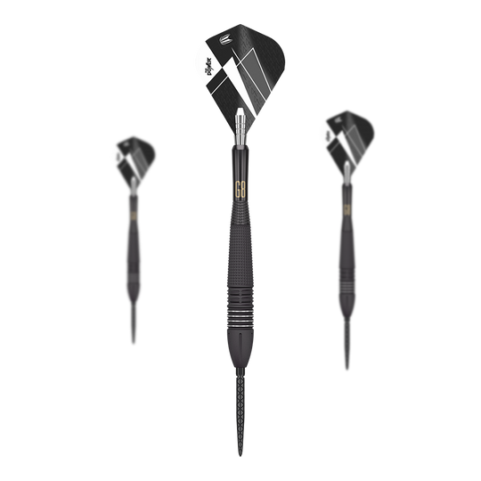 Target Phil Taylor Power 9Five GEN8 Swiss Point Steel Darts Das Bild zeigt drei Steeldarts des Modells "Target Phil Taylor Power 9Five GEN8 Swiss Point". Die Darts haben ein modernes schwarzes Design mit silbernen und weißen Akzenten.