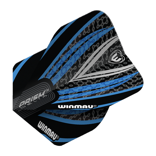 Das Bild zeigt ein Winmau Prism Delta Standard Dartflight in den Farben Schwarz, Weiß und Blau. Das Flight hat ein modernes, grafisches Design mit dem Winmau-Logo und auffälligen Mustern.