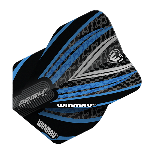 Winmau Prism Delta Black White Blue No. 2 Standard Flights Das Bild zeigt ein Winmau Prism Delta Standard Dartflight in den Farben Schwarz, Weiß und Blau. Das Flight hat ein modernes, grafisches Design mit dem Winmau-Logo und auffälligen Mustern.