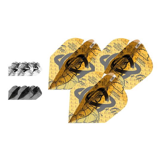 Das Bild zeigt drei Sets Dart-Flights aus dem "Target Ink Bundle 3 Sets Gabriel Clemens No6 Flights". Zwei Sets sind in Schwarz-Weiß und ein Set ist gelb mit einem besonderen Design.