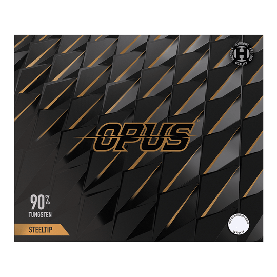 Harrow's Opus Quick Point steel darts Gezeigt wird das Produkt Harrows Opus Quick Point Steeldarts - 23g. Diese Darts sind speziell für Präzisionswürfe entwickelt.
