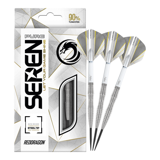 Auf dem Bild sind die "Red Dragon Seren 3 Pure Steeldarts" zu sehen. Die Verpackung und drei silberne Steeldarts mit weißen Flights sind abgebildet.