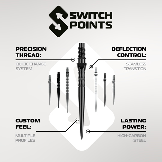Winmau Switch Point Wave steel dart tips - Silver Effect Abgebildet sind die Winmau Switch Point Smooth Steeldartspitzen - Silver Effect. Die Dartspitzen sind silberfarben und haben eine glatte Oberfläche.