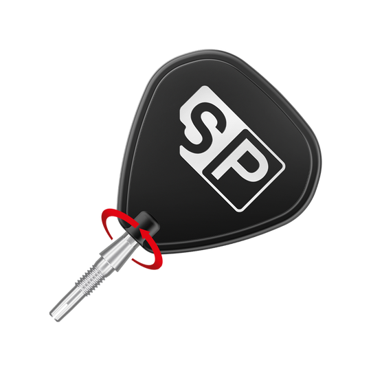 340055_Target_Swiss_Storm_Point_Dartspitzen_Silber_3_SP Das Bild zeigt eine silberne Dartspitze mit einem schwarzen Dartflight, auf dem die Buchstaben "SP" stehen. Ein roter Pfeil deutet eine Drehbewegung an der Verbindung zwischen Spitze und Flight an.