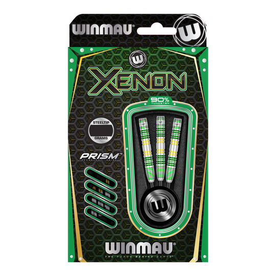 Winmau Xenon Steeldarts Das Bild zeigt eine Packung Winmau Xenon Steeldarts. Die Verpackung ist überwiegend schwarz-grün und enthält drei Darts mit bunten Griffen.