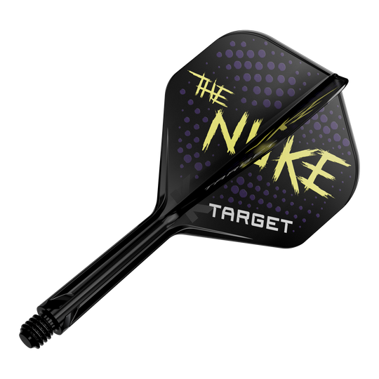 Das Bild zeigt einen schwarzen Dartflight mit dem Schriftzug "THE NUKE" und "TARGET" darauf. Der Hintergrund des Flights ist mit lila Punkten verziert.