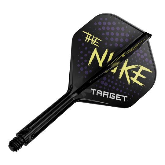 Target K-Flex Luke Littler Black No2 Standard Flight System Das Bild zeigt einen schwarzen Dartflight mit dem Schriftzug "THE NUKE" und "TARGET" darauf. Der Hintergrund des Flights ist mit lila Punkten verziert.