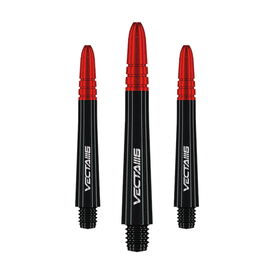 Das Bild zeigt drei Winmau Vecta Shafts - Blade 6. Die Shafts sind schwarz mit einem roten oberen Abschnitt und weißem Schriftzug.