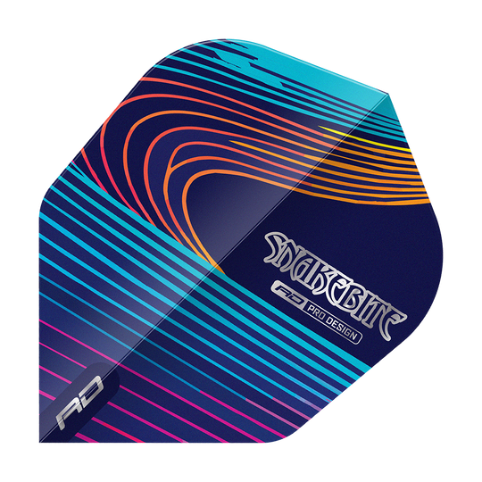 Red Dragon Peter Wright Snakebite Multi No6 Flights Das Bild zeigt einen bunten Dartflight mit geschwungenen Linien in Blau, Lila, Orange und Gelb. Auf dem Flight steht der Schriftzug "Snakebite" sowie "RD Pro Design".