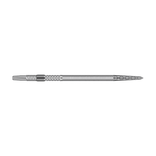 Target Swiss Point DX dart tips - Silver Das Bild zeigt eine silberne Dartspitze mit feinen Rillen und Muster. Die Spitze ist lang und schmal gestaltet.