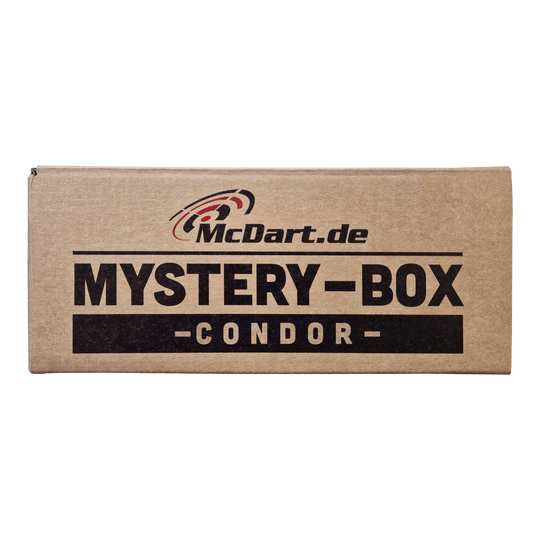 Auf dem Bild ist ein brauner Karton mit der Aufschrift "McDart.de Mystery-Box - Condor -" zu sehen. Die Schachtel wirkt geheimnisvoll und lädt zum Entdecken ein.