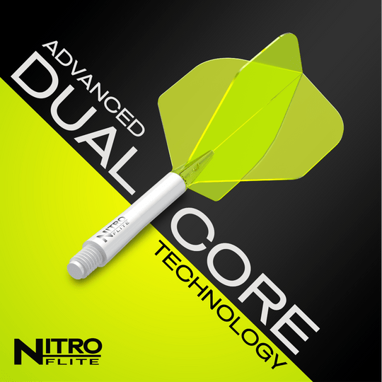 Red Dragon Nitroflite - White Shaft Yellow No2 Flights Das Bild zeigt das Produkt "Red Dragon Nitroflite - White Shaft Yellow No2 Flights" mit einem weißen Schaft und gelben Flights. Im Hintergrund steht der Text "Advanced Dual Core Technology".