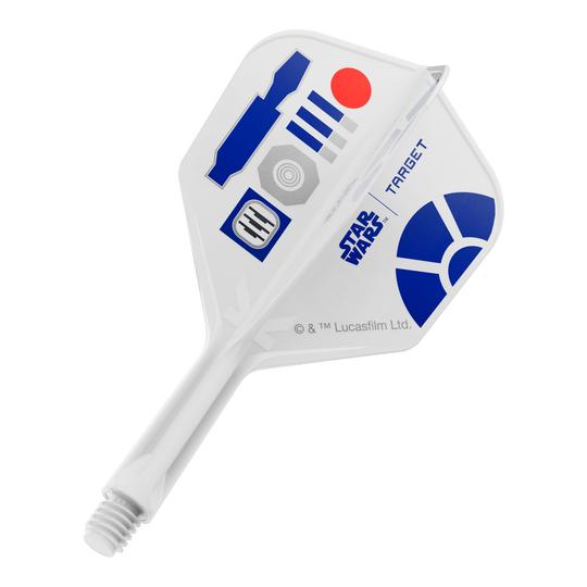 Target Star Wars K-Flex R2D2 No6 Flights Das Bild zeigt Dart-Flights mit einem R2D2 Motiv und der Bezeichnung 410510_Target_StarWars_KFlex_R2D2_No6_Flights_Short_19mm_1. Es handelt sich um kurze Dart-Flights im Star Wars Stil.