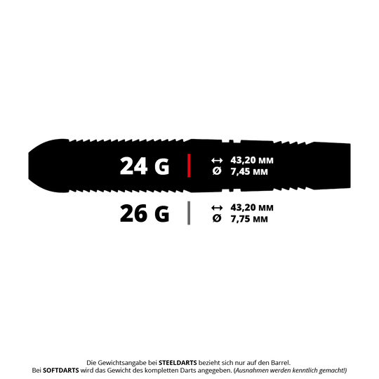 Winmau Callisto 03 Steeldarts Das Bild zeigt die Maße und das Gewicht eines Winmau Callisto Steeldarts mit 24 Gramm. Der Barrel ist 43,20 mm lang und hat einen Durchmesser von 7,45 mm.