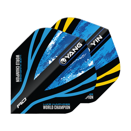 Red Dragon Luke Humphries World Champion Blue Gold Yin Yang Standard Flights Das Bild zeigt die "Red Dragon Luke Humphries World Champion Blue Gold Yin Yang Standard Flights". Die Flights sind in Blau, Schwarz und Gelb gestaltet und tragen die Aufschrift "World Champion" sowie "YIN" und "YANG".