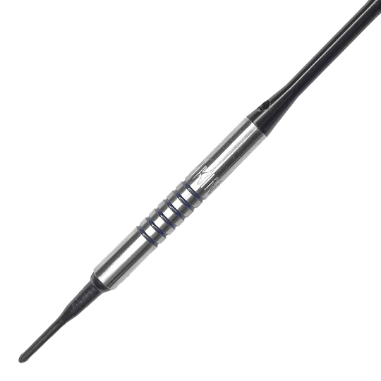 McDart 85 Tungsten V19 soft darts - 16.5g Dies ist ein McDart 85er Tungsten V19 Softdart mit einem Gewicht von 16,5g. Der Dart hat einen silbernen Barrel mit schwarzen Rillen und einer schwarzen Spitze.