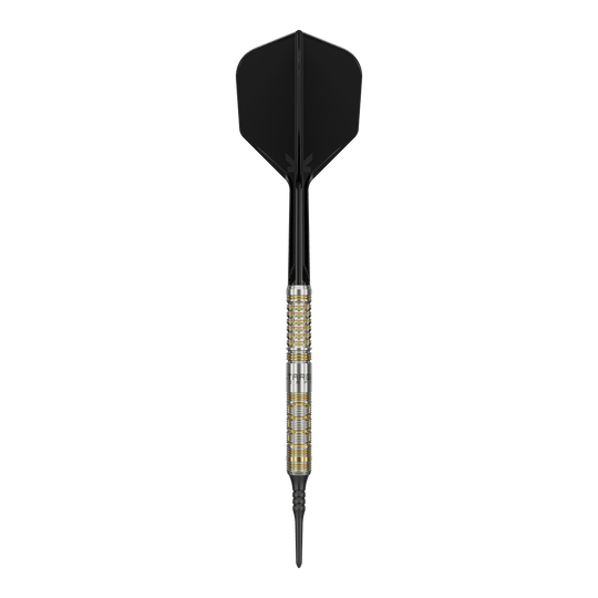 Target Japan Black Marque Reyn GEN2 Soft Darts - 17.5g Auf dem Bild ist ein Softdartpfeil des Modells "Target Japan Black Marque Reyn GEN2 Softdarts - 17,5g" zu sehen. Er hat eine silberne und goldene Griffzone sowie schwarze Flights und Spitze.