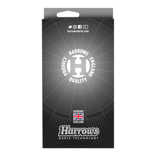 Harrows Siege Steeldarts Die Abbildung zeigt die Verpackung der Harrows Siege Steeldarts. Die Vorderseite ist schwarz-grau gestaltet und trägt das Harrows-Logo sowie den Hinweis auf Qualität und Herkunft aus England.
