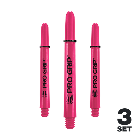 Das Bild zeigt drei pinke Pro Grip Shafts für Dartpfeile. In der rechten unteren Ecke steht "3 SET".