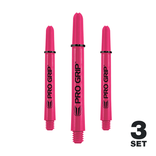 Target Pro Grip Shafts - 3 Sets - Pink Das Bild zeigt drei pinke Pro Grip Shafts für Dartpfeile. In der rechten unteren Ecke steht "3 SET".