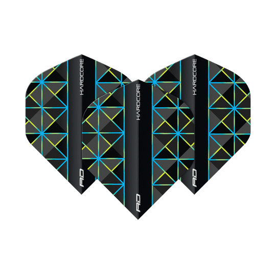 Das Bild zeigt drei Dart-Flights des Modells "Red Dragon Hardcore Dragonfly 95 No2 Standard". Die Flights sind schwarz mit blauen und gelben geometrischen Linienmustern gestaltet.