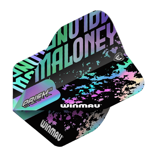Winmau Prism Delta Mike Maloney Standard Flights Das Bild zeigt ein Winmau Prism Delta Mike Maloney Standard Flight. Das Design ist in Schwarz gehalten mit bunten, schimmernden Akzenten und dem Namen "Maloney" in großen Buchstaben.