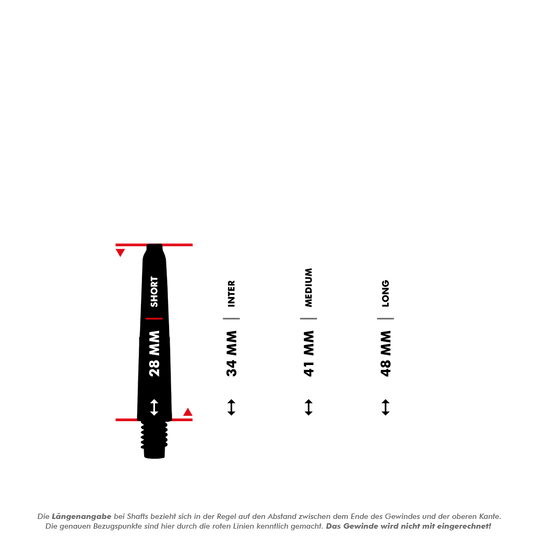 Das Bild zeigt die McDart Scope Nylon Shafts in verschiedenen Längen. Die verfügbaren Längen sind 28 mm (Short), 34 mm (Inter), 41 mm (Medium) und 48 mm (Long).