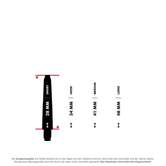 _McDart_Scope_Nylon_Shafts_5_28mm Das Bild zeigt die McDart Scope Nylon Shafts in verschiedenen Längen. Die verfügbaren Längen sind 28 mm (Short), 34 mm (Inter), 41 mm (Medium) und 48 mm (Long).