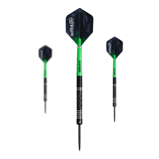 Unicorn Wraith James Wade steel darts Das Bild zeigt ein Set der Unicorn Wraith James Wade Steeldarts. Diese Steeldarts sind für ein optimales Spielerlebnis entwickelt.