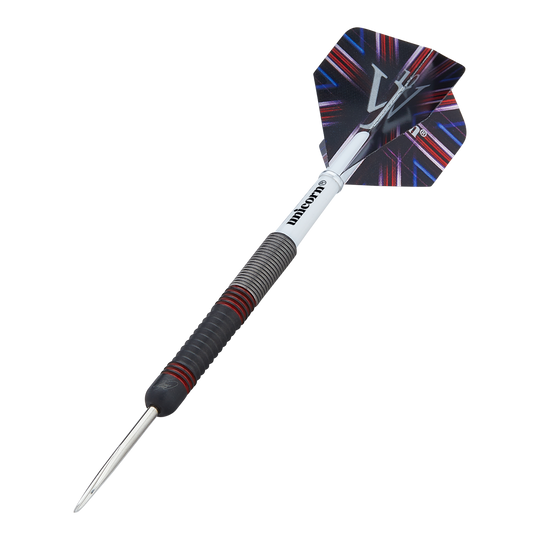 Das Bild zeigt einen Steeldart namens "Unicorn The Machine James Wade 80%". Der Dart hat ein schwarz-rotes Griffstück und ein auffälliges Flight-Design.