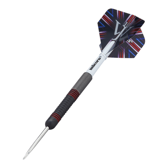 Unicorn The Machine James Wade 80% steel darts Das Bild zeigt einen Steeldart namens "Unicorn The Machine James Wade 80%". Der Dart hat ein schwarz-rotes Griffstück und ein auffälliges Flight-Design.