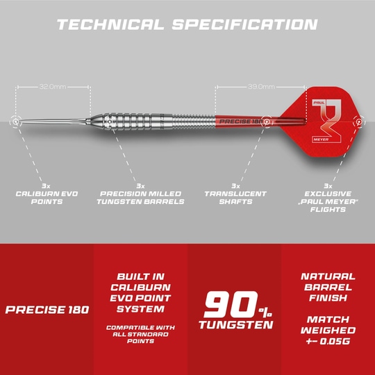 Precise 180 Paul Meyer Version 1 steel darts Dieses Bild zeigt die Precise 180 Paul Meyer Version 1 Steeldarts. Das Produkt bietet eine hohe Qualität für Dartspieler.