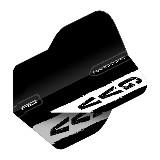 Red Dragon Hardcore Gian Van Veen Black Logo Standard Flights Das Bild zeigt einen schwarzen Dartflight mit dem weißen Logo "GVG" und dem Schriftzug "Hardcore". Es handelt sich um das Produkt "Red Dragon Hardcore Gian Van Veen Black Logo Standard Flights".