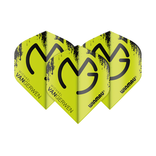 Das Bild zeigt vier gelb-grüne Winmau Mega MvG Black Green Standard Flights für Dartpfeile. Auf den Flights stehen die Namen „Michael Van Gerwen“ und „Winmau“.