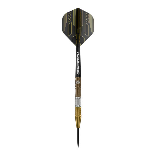 GOAT Ceremony Tungsten Steel Darts Das Bild zeigt einen GOAT Ceremony Tungsten Steeldart mit einem eleganten Design in Gold, Silber und Schwarz. Auf dem Schaft steht der Schriftzug "GRIP-TECH".
