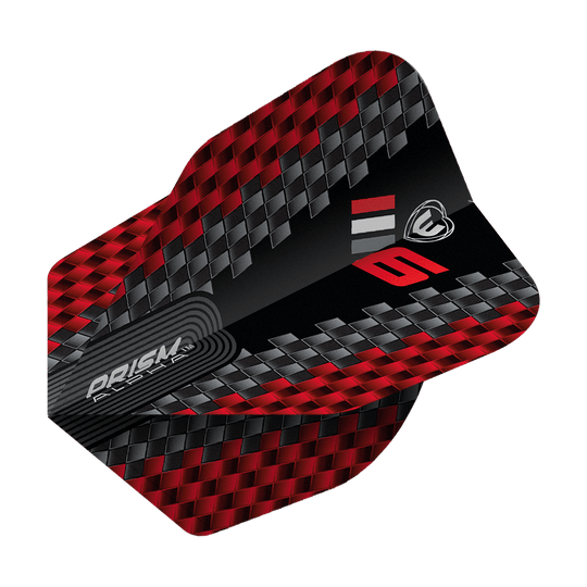 Winmau Prism Alpha Blade 6 Chevron No6 Flights Das Bild zeigt ein Winmau Prism Alpha Blade 6 Chevron No6 Flight für Dartpfeile. Das Flight hat ein rot-schwarzes Karomuster mit silbernen und roten Akzenten.