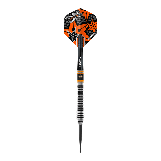 Winmau Danny Noppert Signature Edition 2 steel darts Dies ist ein Winmau Danny Noppert Signature Edition 2 Steeldart. Der Dart hat ein auffälliges schwarzes, silbernes und orangefarbenes Design mit Sternmotiven auf dem Flight.