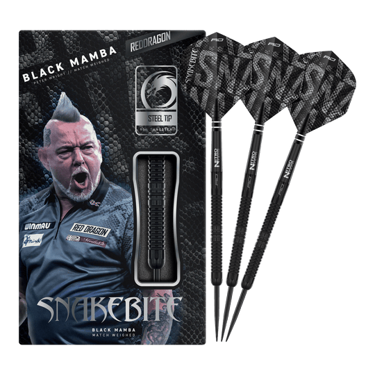 Abgebildet ist der Red Dragon Peter Wright Snakebite Black Mamba Steeldart. Das Produkt zeichnet sich durch sein schwarzes Design und hochwertige Verarbeitung aus.