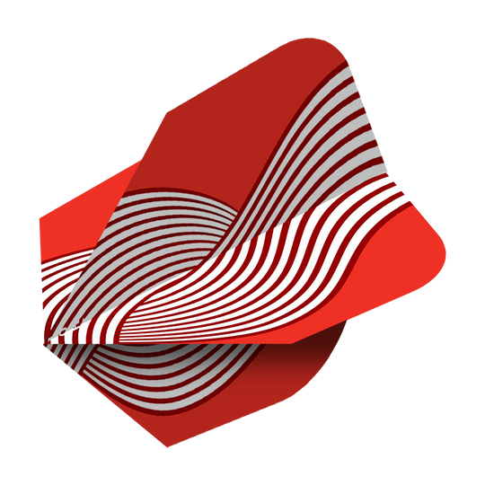 Shot ZEN Kyudo No6 Flights Das Bild zeigt das Produkt "Shot ZEN Kyudo No6 Flights". Es handelt sich um einen Dartflight mit einem roten und weißen, wellenförmigen Linienmuster.