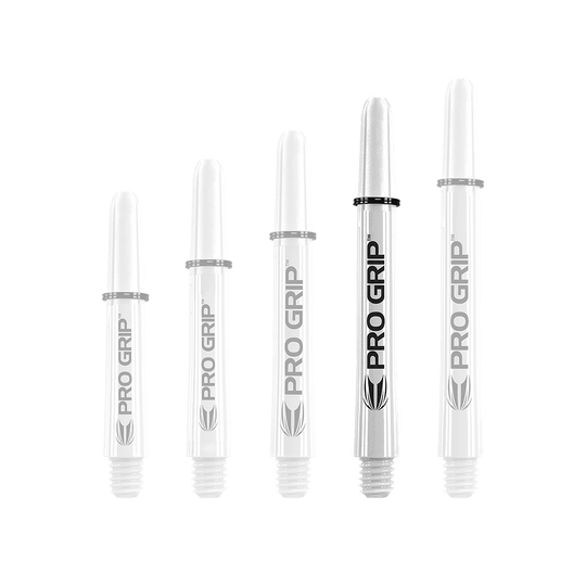 Target Pro Grip Shafts - 3 Sets - White Auf dem Bild sind fünf weiße Pro Grip Shafts für Dartpfeile in unterschiedlicher Länge zu sehen. Sie sind mit dem Schriftzug "PRO GRIP" und einem schwarzen Ring versehen.