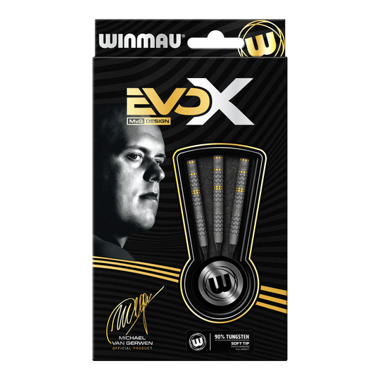 Winmau Michael Van Gerwen Evo-X soft darts - 20g Die Abbildung zeigt die Verpackung der "Winmau Michael Van Gerwen Evo-X Softdarts - 20g". Auf der Vorderseite sind drei Softdarts sowie ein Porträt von Michael Van Gerwen zu sehen.