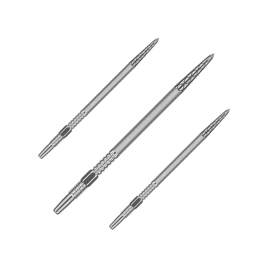 Target Swiss Point DX dart tips - Silver Das Bild zeigt drei silberne Dartspitzen, die nebeneinander angeordnet sind. Sie haben eine geriffelte Struktur und eine spitz zulaufende Form.