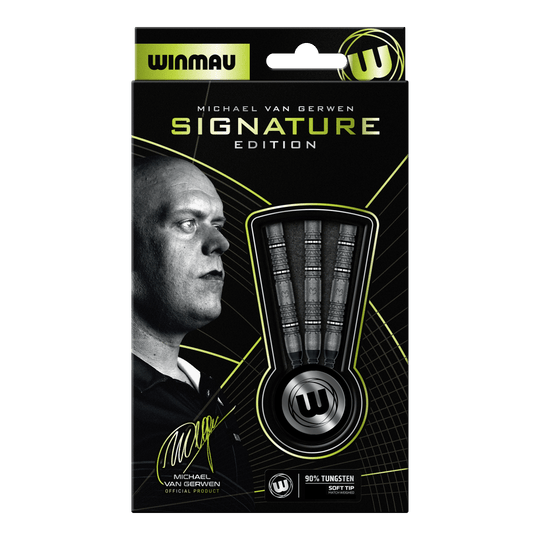 Winmau Michael Van Gerwen Signature Edition Softdarts - 20g Abgebildet sind die Winmau Michael Van Gerwen Signature Edition Softdarts mit 20g Gewicht. Die Aufnahme zeigt drei einzelne Softdarts.