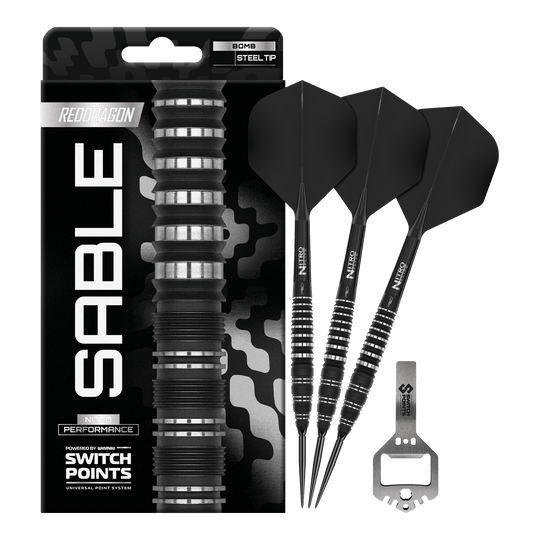Red Dragon Sable Bomb Switch Point Steel Darts Das Bild zeigt Red Dragon Sable Bomb Switch Point Steeldarts in voller Ansicht. Diese Darts bieten eine ausgezeichnete Balance und Kontrolle.