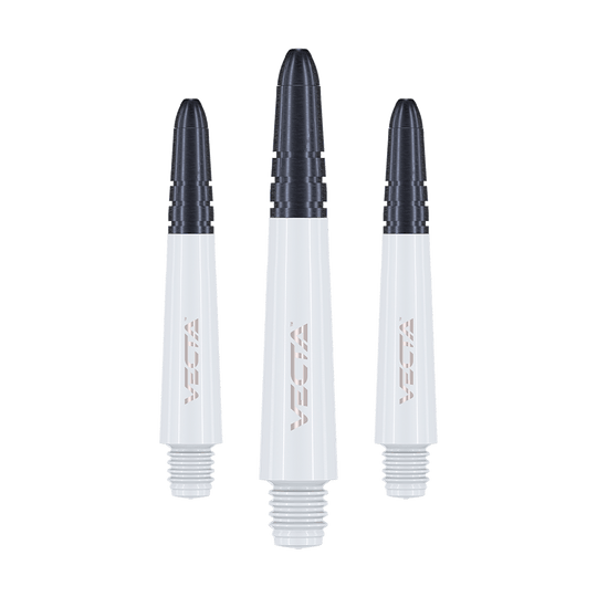 7025-102_Winmau_Vecta_Shafts_Weiss_34mm_1 Das Bild zeigt drei weiße Winmau Vecta Shafts für Darts. Die Shafts haben schwarze Spitzen und ein modernes Design.
