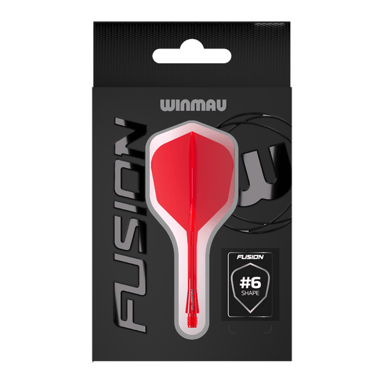 Hier ist das Winmau Fusion Flight-Shaft-System No6 in Rot abgebildet. Dieses Produkt ist ideal für Dartspieler geeignet.