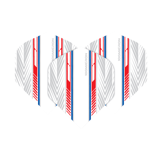 Pentathlon Flights white/red/blue Das Bild zeigt die "Pentathlon White Red Blue No2 Standard Flights". Die Flights sind überwiegend weiß mit roten, blauen und grauen Linienmustern.