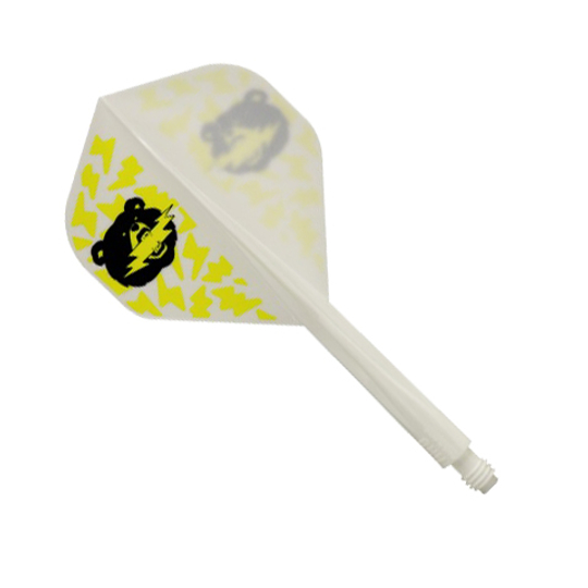 Condor Axe Black Bear Miyu Miyawaki Flight-Shaft White - Standard Das Bild zeigt einen weißen Dartflight-Schaft mit Standardform. Auf dem Flight ist ein schwarzer Bär mit gelben Blitzen abgebildet.